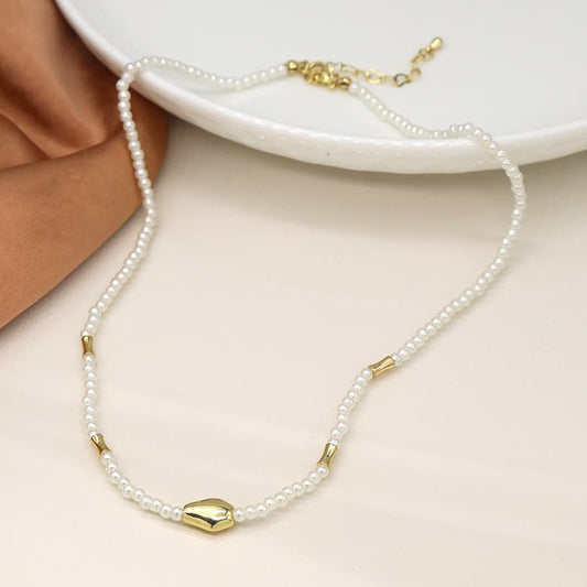 POM Ivory Seed Pearl & Golden Bead Necklace