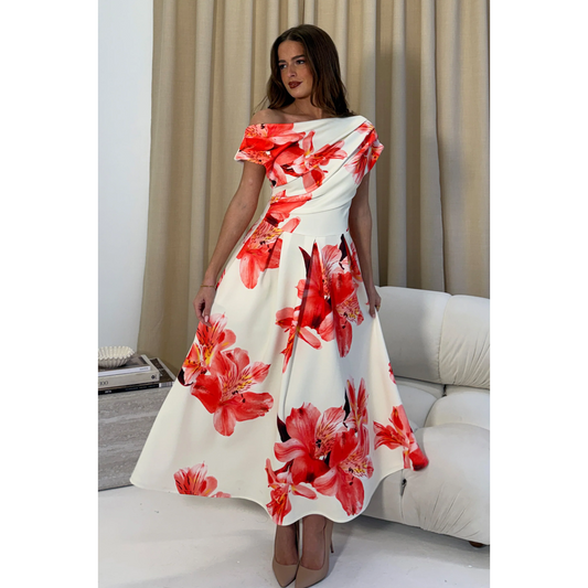 Cream & Coral Floral Midi Dress