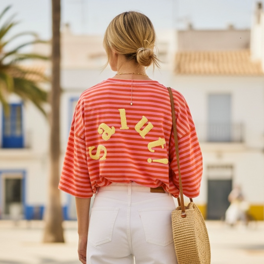 Salut Logo Striped Cotton Sweater Coral