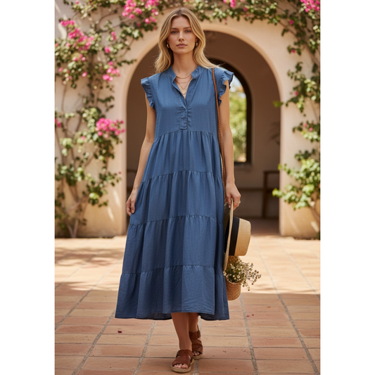 Emer Blue Tiered Denim Maxi Dress