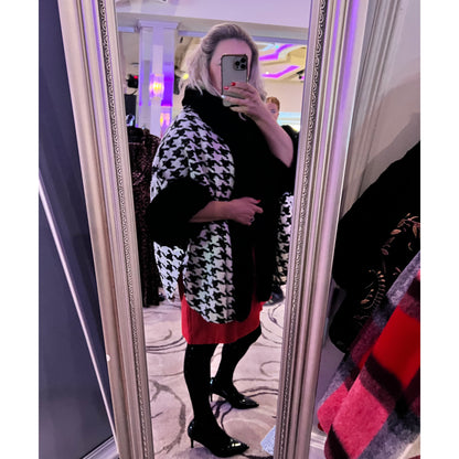 Black & White Checked Hooded Cape Black Fur Trim