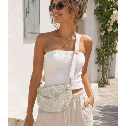 Summer Luxe Woven Crossbody Bag – Cream & Silver Metallic