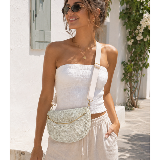 Summer Luxe Woven Crossbody Bag – Cream & Silver Metallic