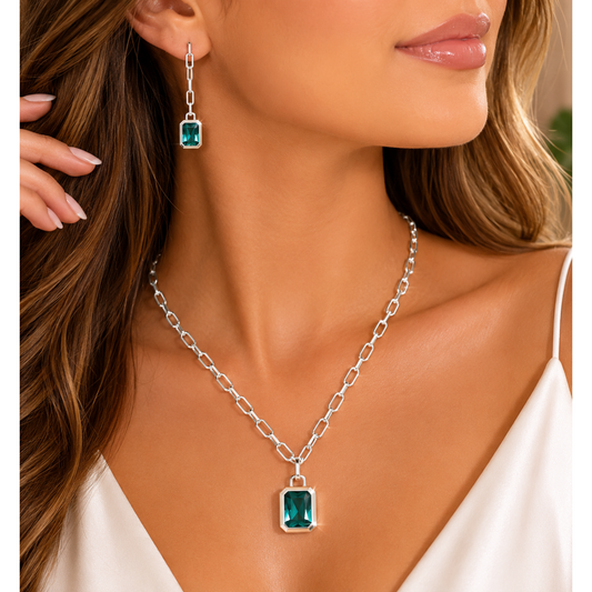 Aqua & Silver Pendant & Drop Earrings Set