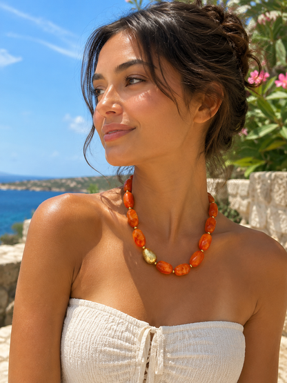 Orange Resin & Gold Stainless Steel Necklace