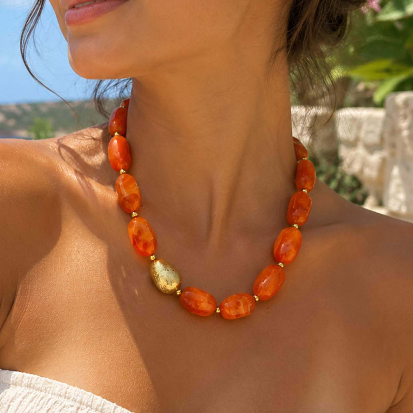 Orange Resin & Gold Stainless Steel Necklace