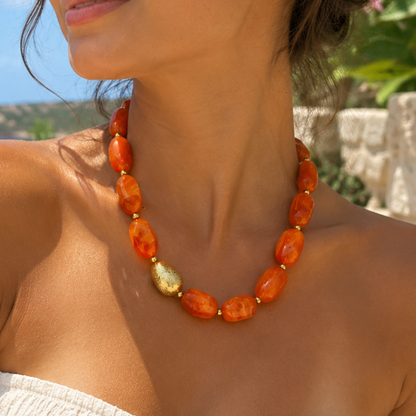 Orange Resin & Gold Stainless Steel Necklace