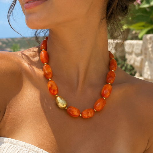 Orange Resin & Gold Stainless Steel Necklace