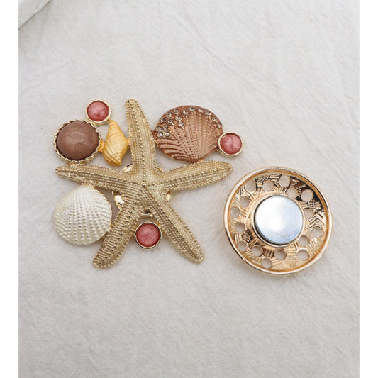 Starfish & Shell Magnetic Brooch Bronze & Beige