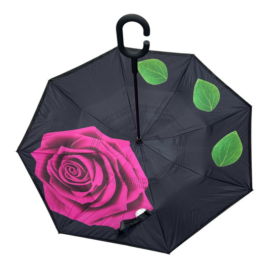 Upside Down Umbrella Black With Magenta Rose Green Leaves