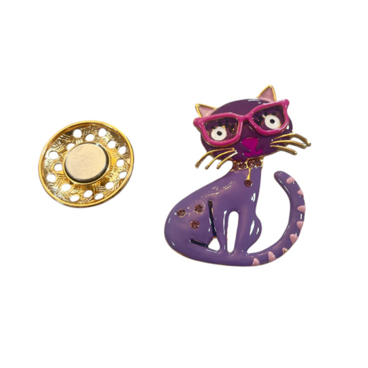 Magnetic Brooch Purple & Gold Cat