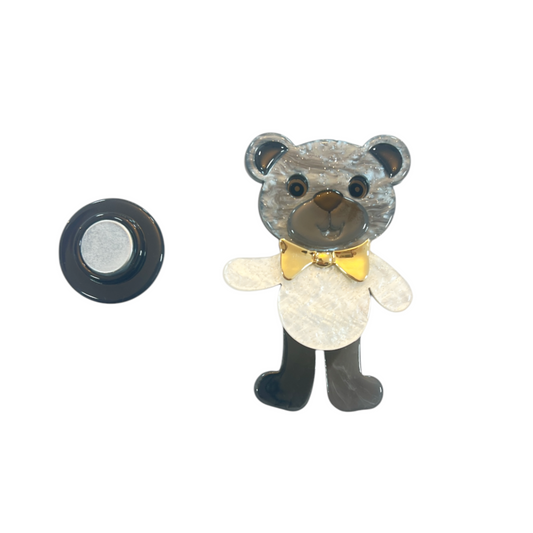 Magnetic Brooch Teddy Bear Grey & White