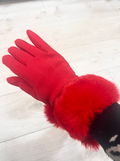 Red Suedette Gloves Faux Fur Trim