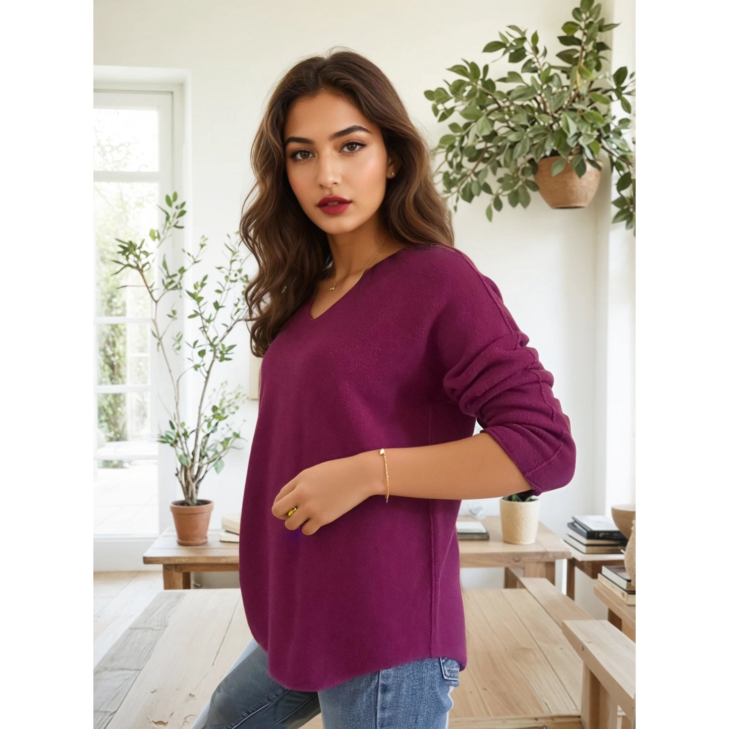 Rita V Neck Jumper Magenta