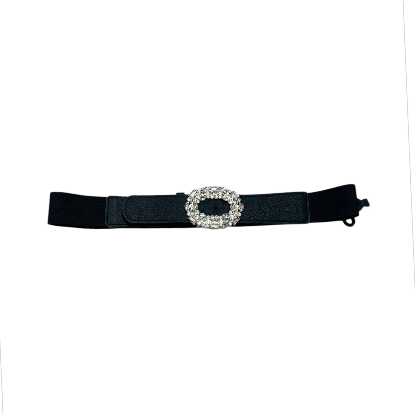 Black Elasticated Belt Clear Crystal Oval Buckle