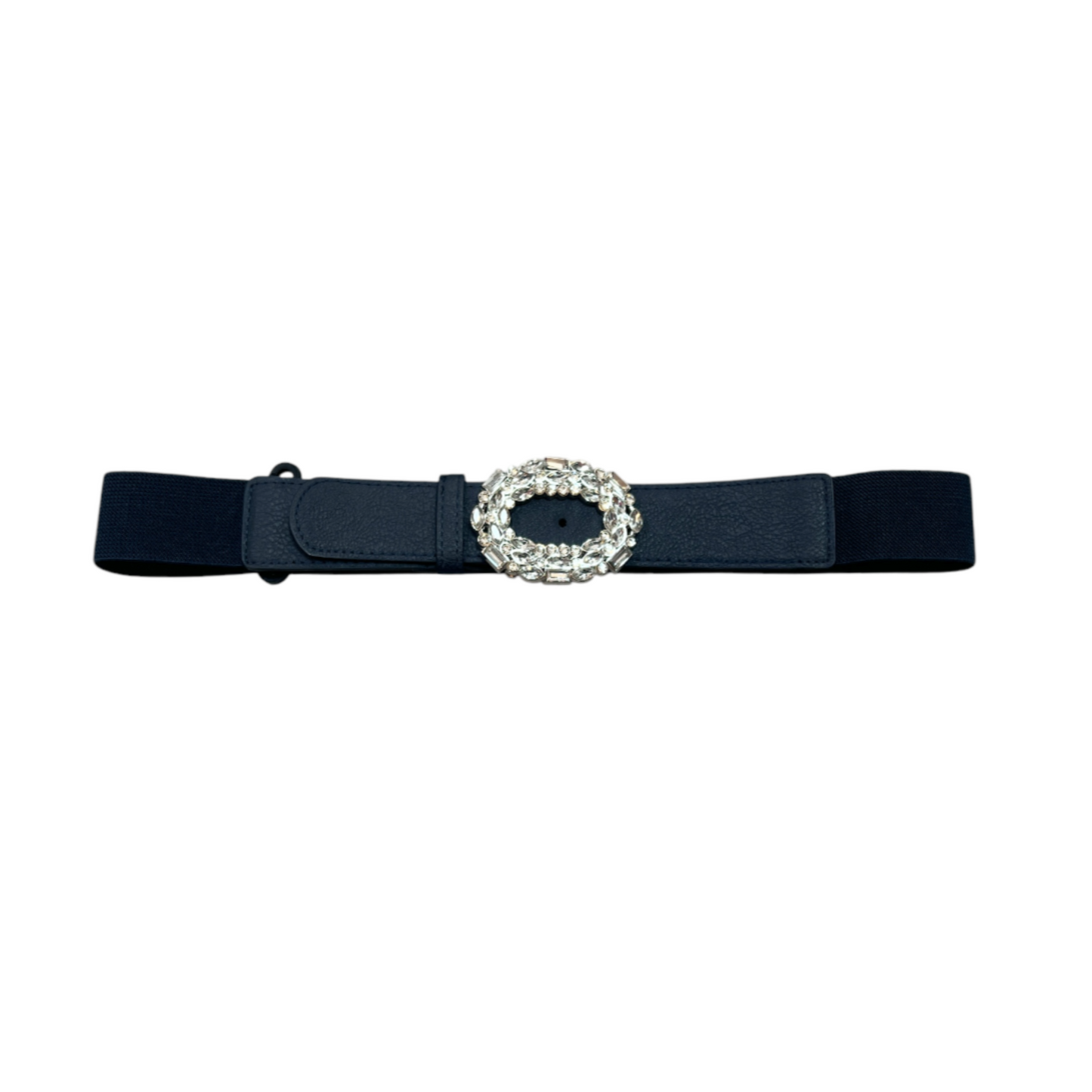 Navy Elasticated Belt Clear Crystal Oval Buckle