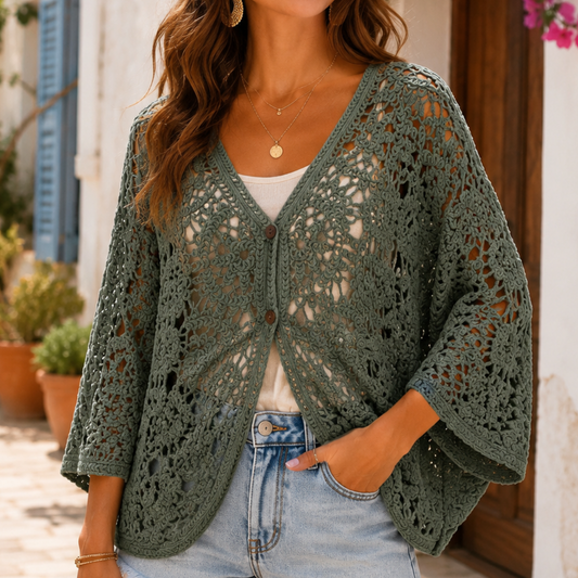 Khaki Green Crochet Batwing Style Buttoned Cardigan