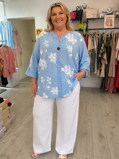 Sky Blue White Floral Embroidered Cotton Top