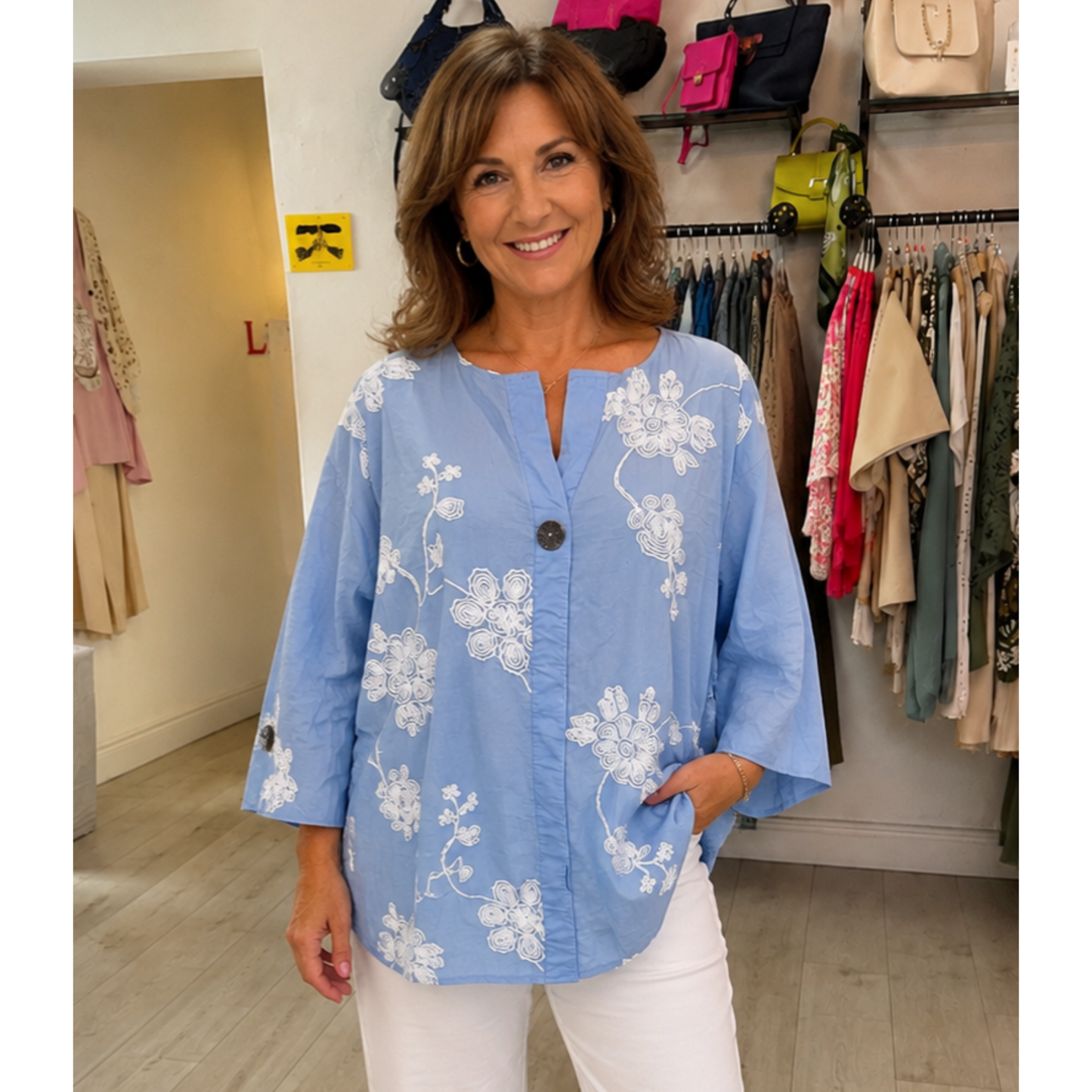 Sky Blue White Floral Embroidered Cotton Top