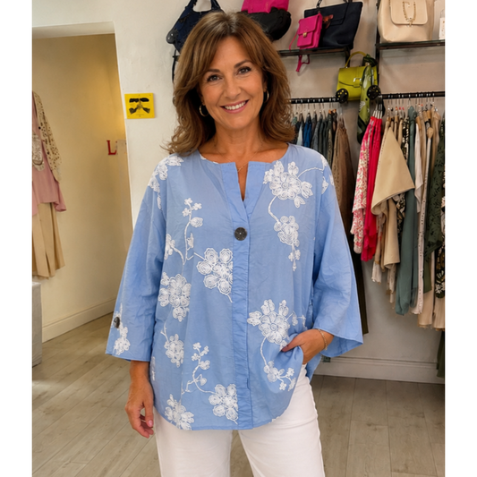 Sky Blue White Floral Embroidered Cotton Top