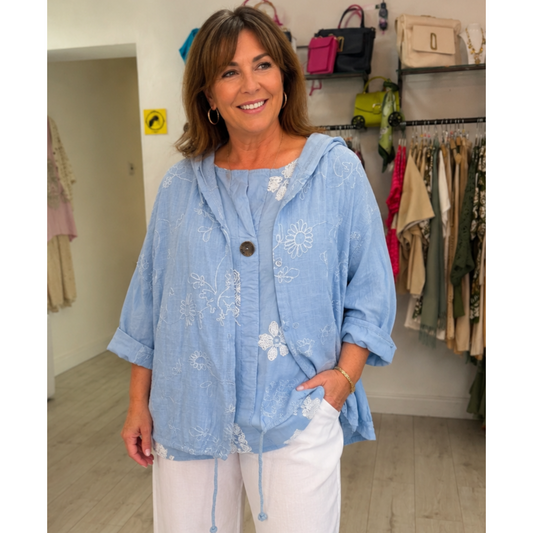 Sky Blue Embroidered Hooded Cotton Jacket