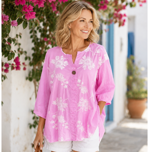 Powder Pink White Floral Embroidered Cotton Top