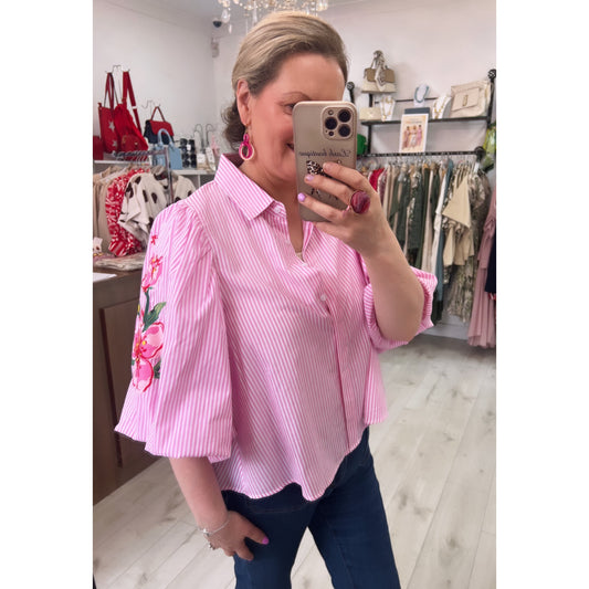 Pink Stripe Floral Embroidered Sleeve Shirt