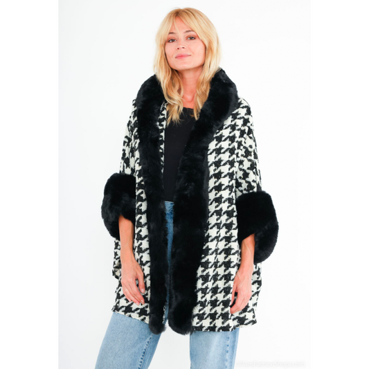 Black & White Checked Hooded Cape Black Fur Trim