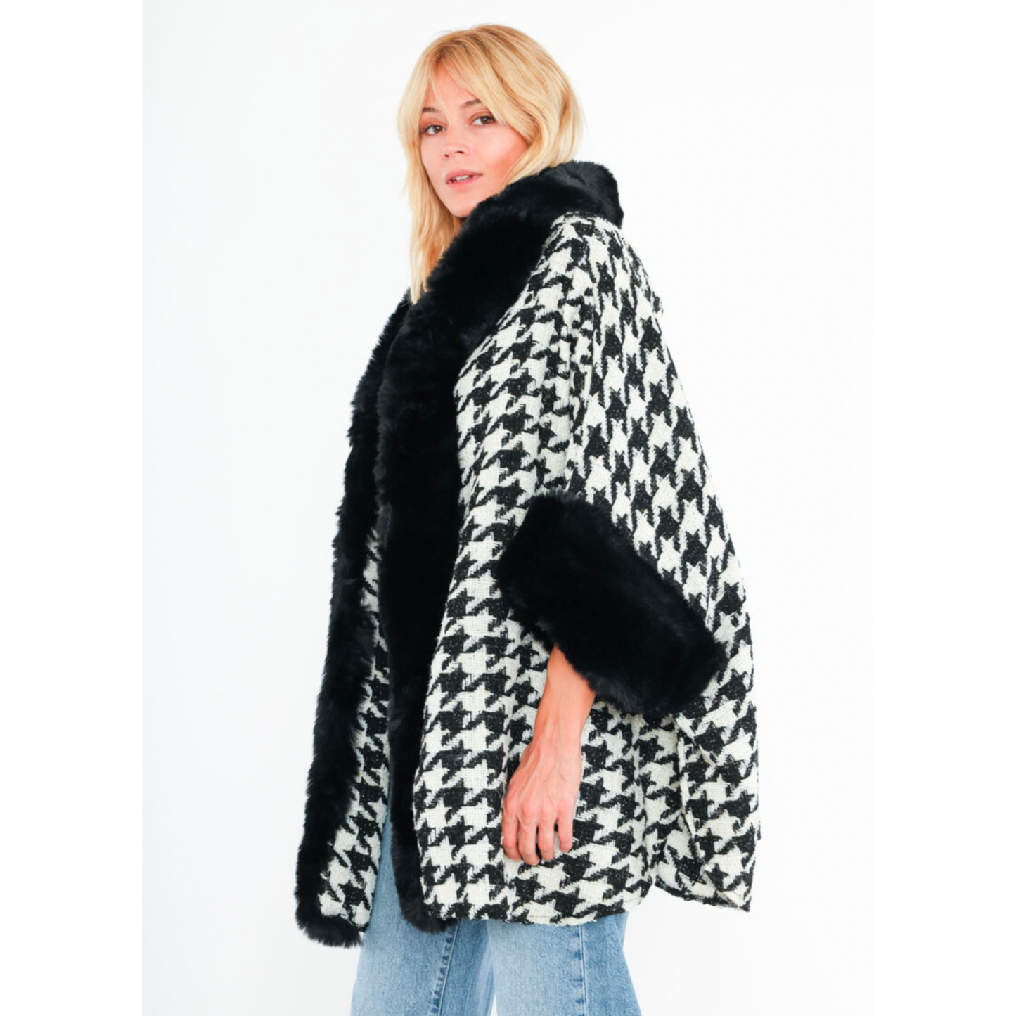 Black & White Checked Hooded Cape Black Fur Trim