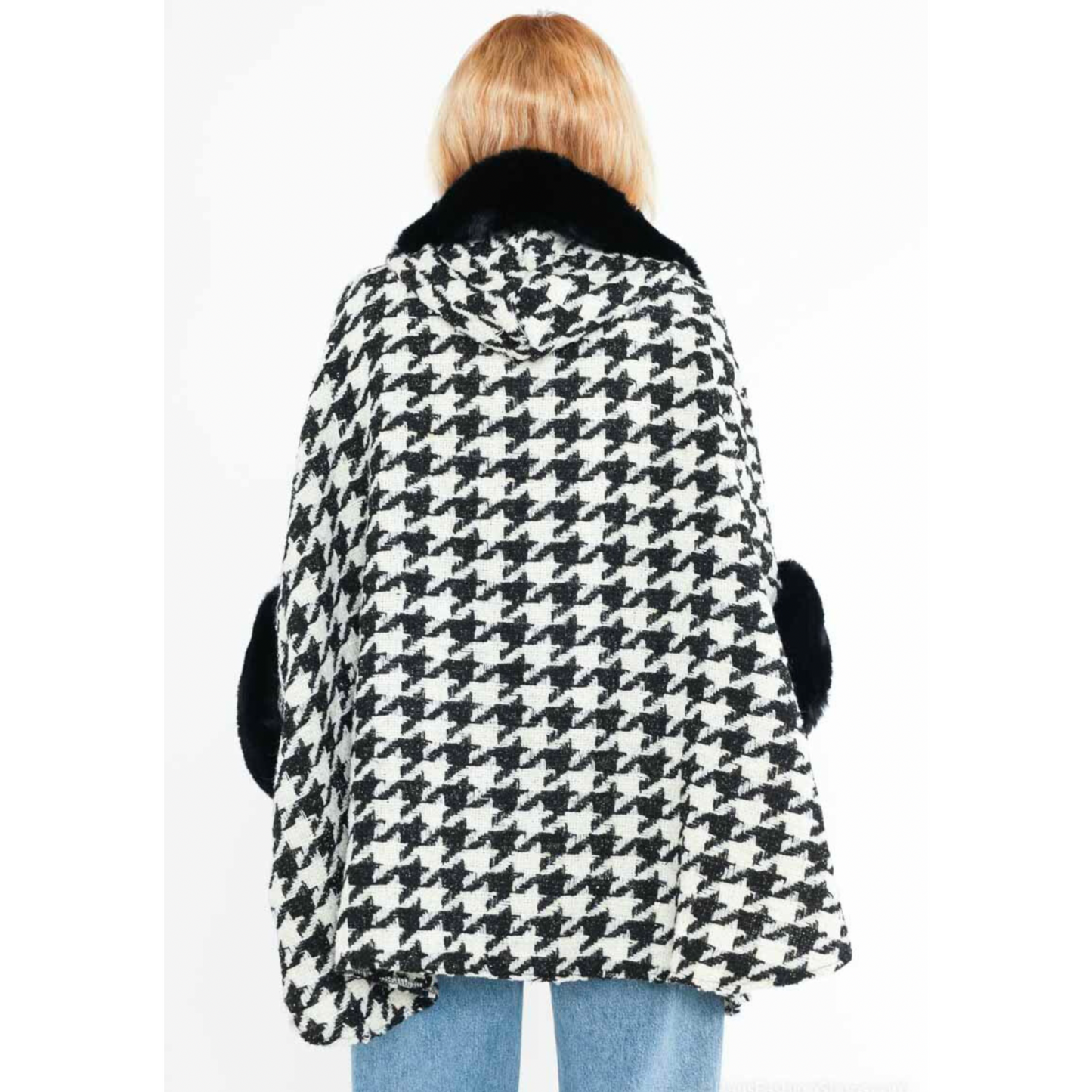 Black & White Checked Hooded Cape Black Fur Trim