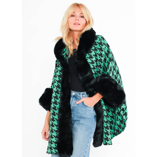 Checked Fur Trim Hooded Cape Green & Black