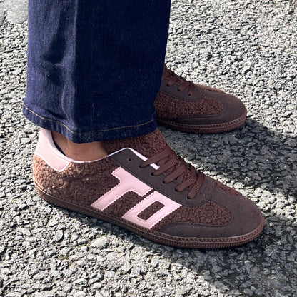 Chocolate Brown Boucle Trainers Pink Design