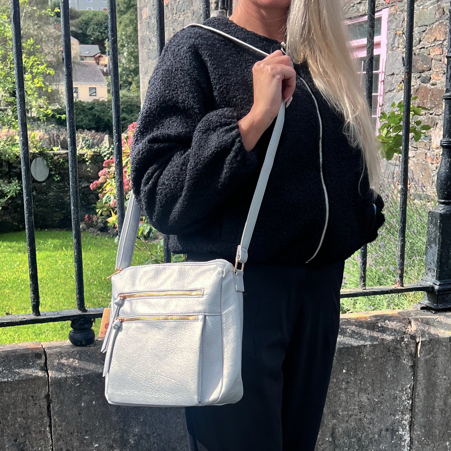 Silver Metallic Crossbody Bag Zip Detail