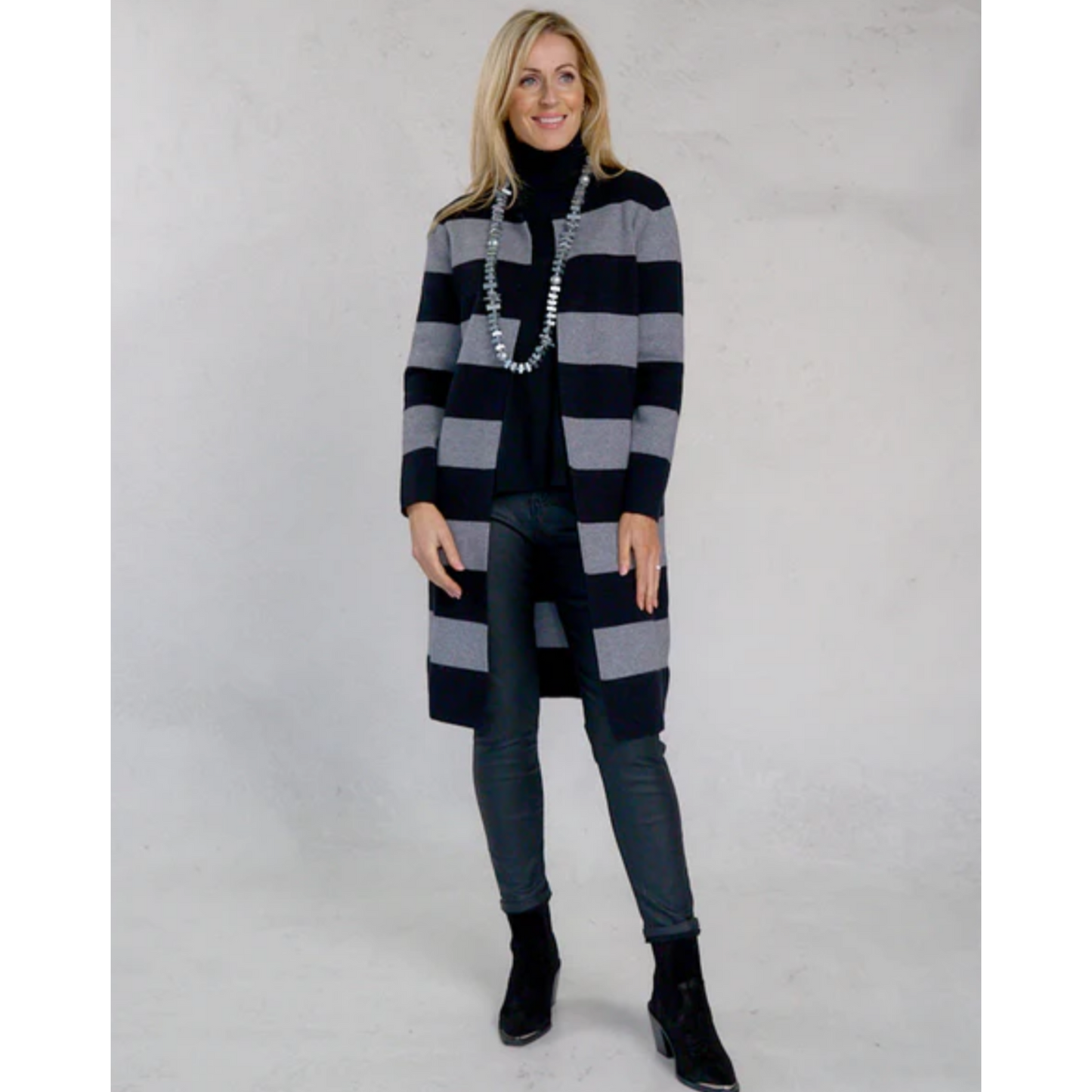 DECK Long Striped Cardigan Black & Grey