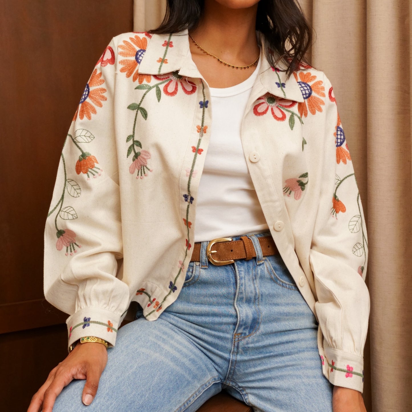 Cream Floral Embroidered Denim Jacket