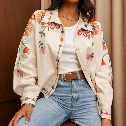 Cream Floral Embroidered Denim Jacket