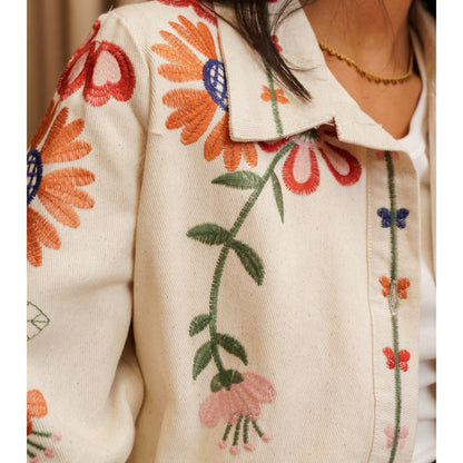 Cream Floral Embroidered Denim Jacket