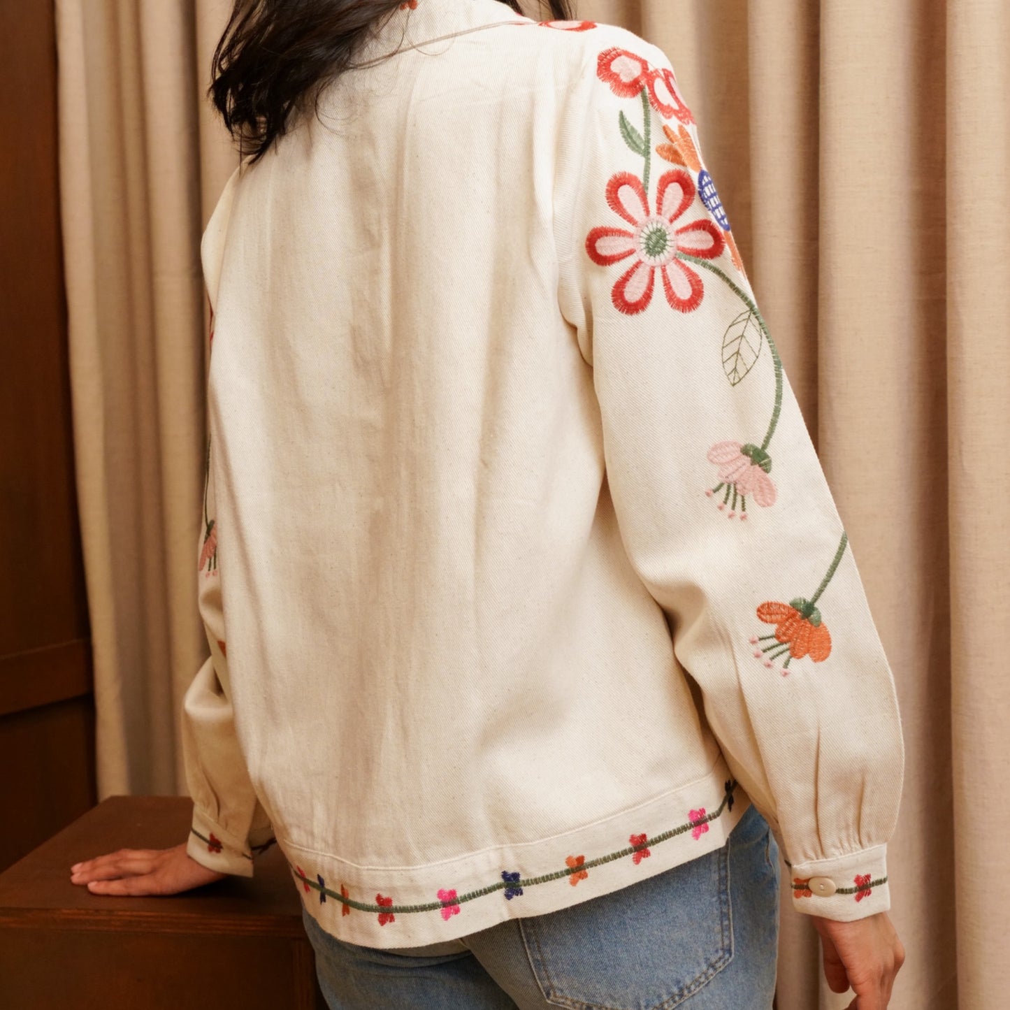 Cream Floral Embroidered Denim Jacket
