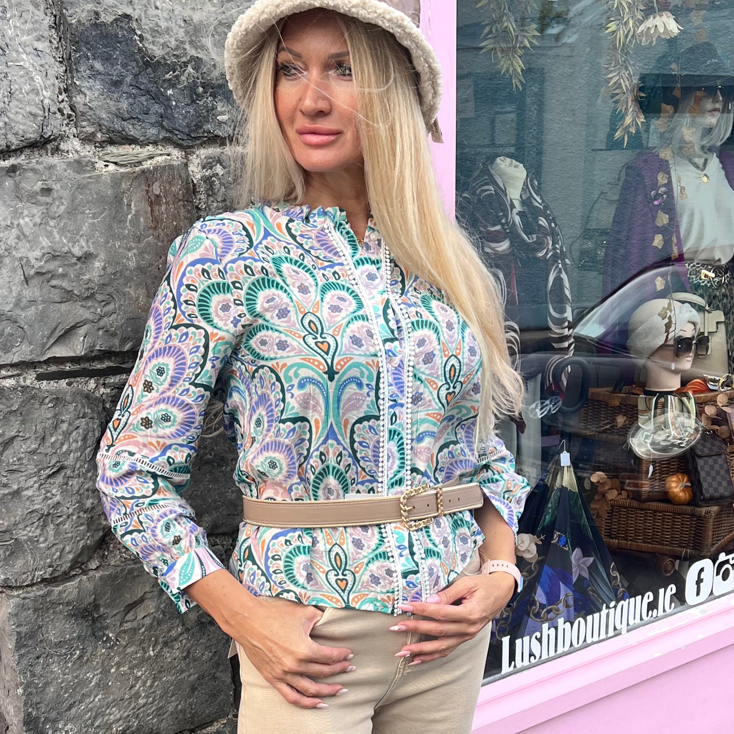 Emer White & Green Paisley Shirt Lace Trim
