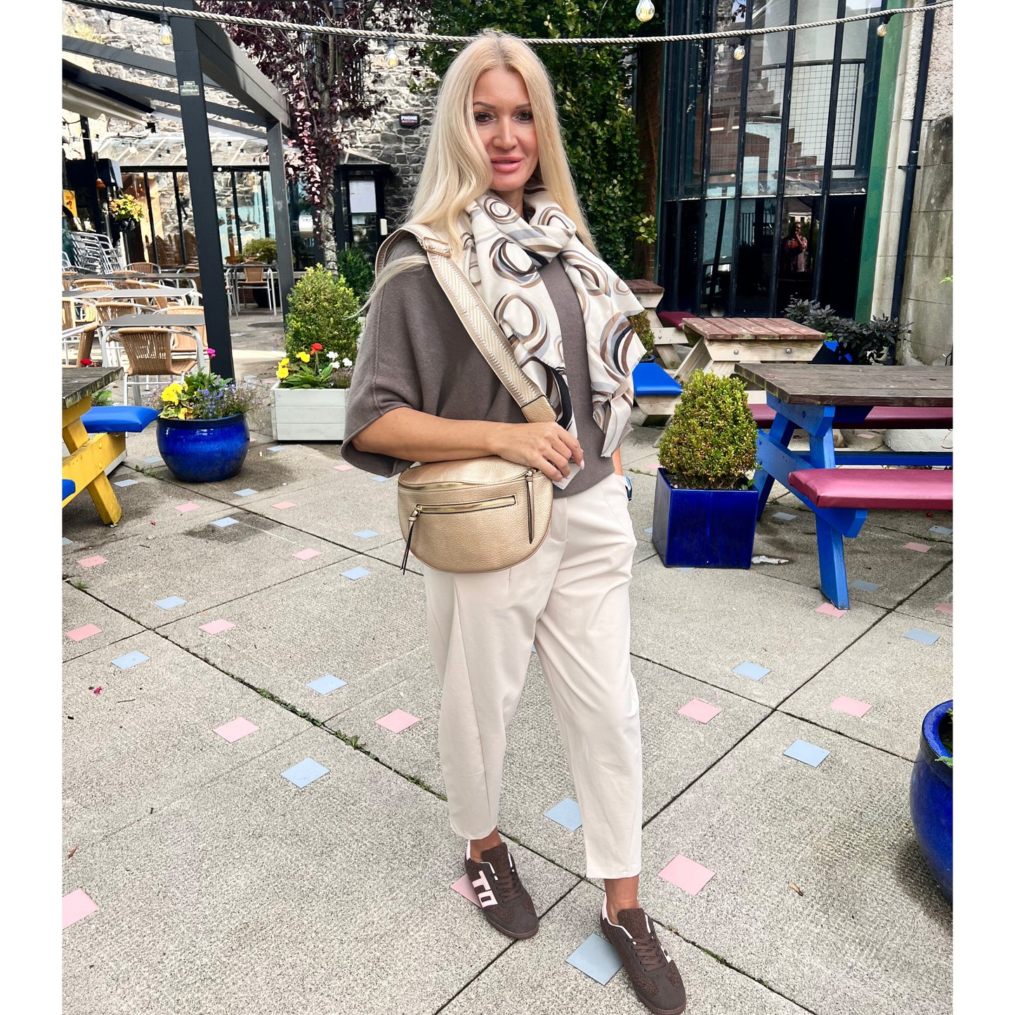 Golden Leatherette Crossbody Bag