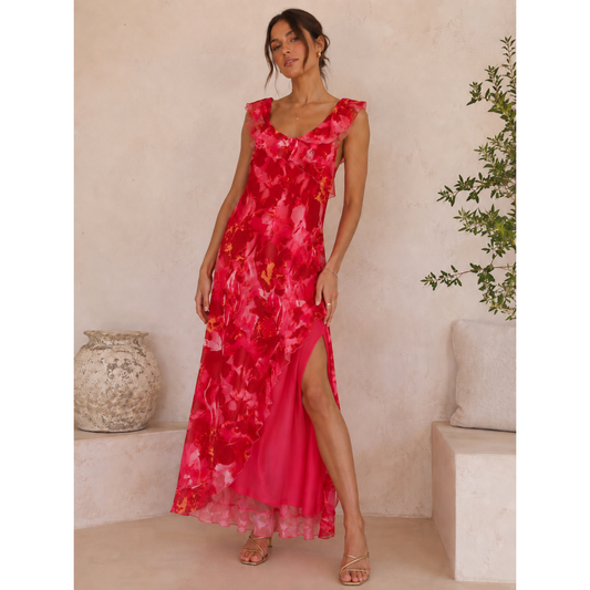 Farah Pink & Wine Ruffle Maxi Dress Side Slit
