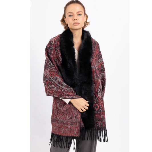 Paisley Print Faux Fur Cape Wine