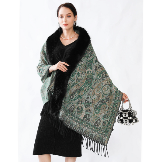 Green Paisley Faux Fur Cape