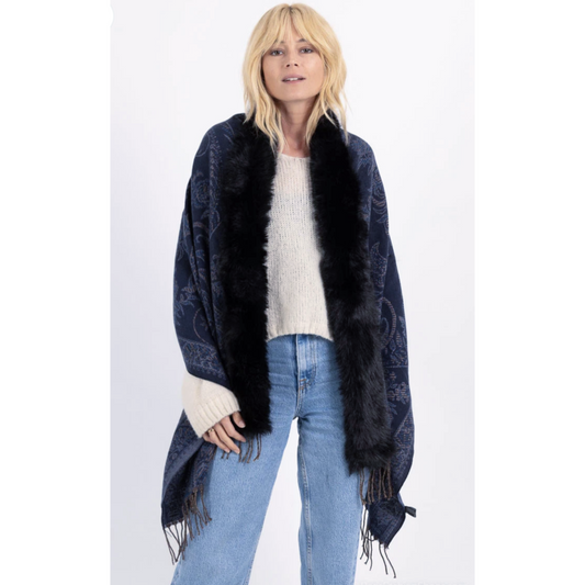 Paisley Print Faux Fur Cape Navy