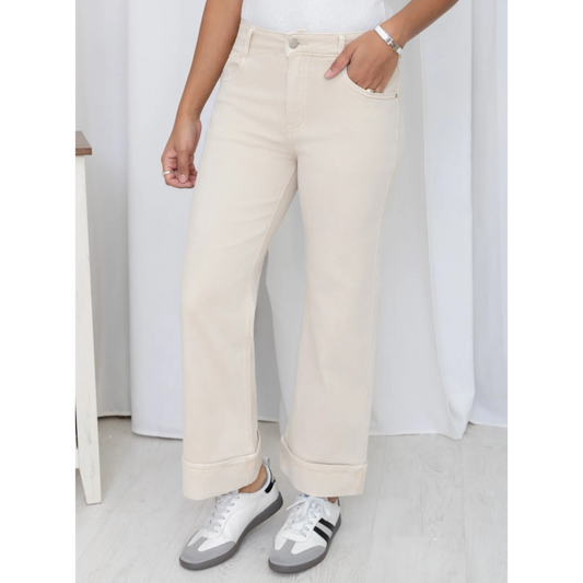 Beige Turn-Up Wide Leg Cotton Jeans