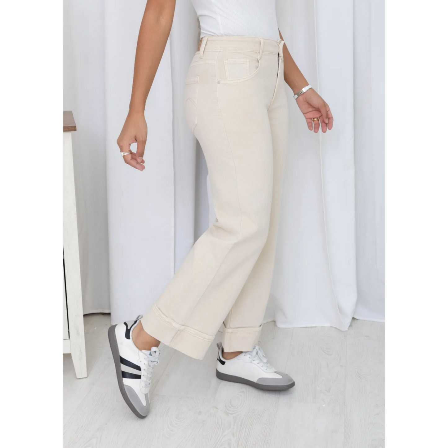 Beige Turn-Up Wide Leg Cotton Jeans