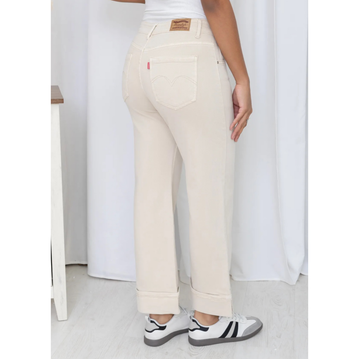 Beige Turn-Up Wide Leg Cotton Jeans