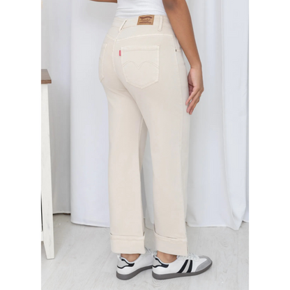 Beige Turn-Up Wide Leg Cotton Jeans