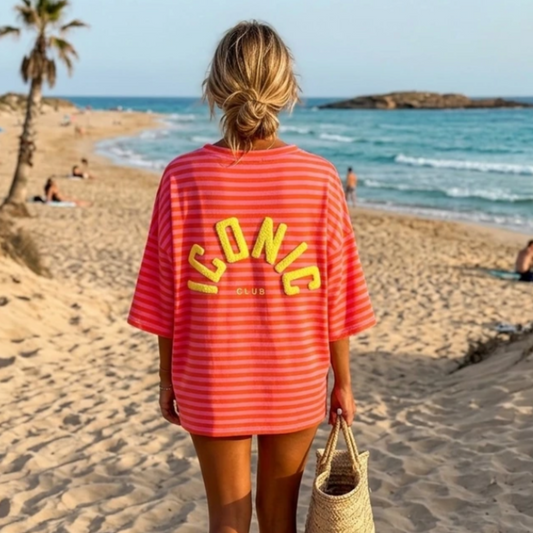 Sunset Stripes Oversized Cotton Swater– Pink & Coral Slogan Top