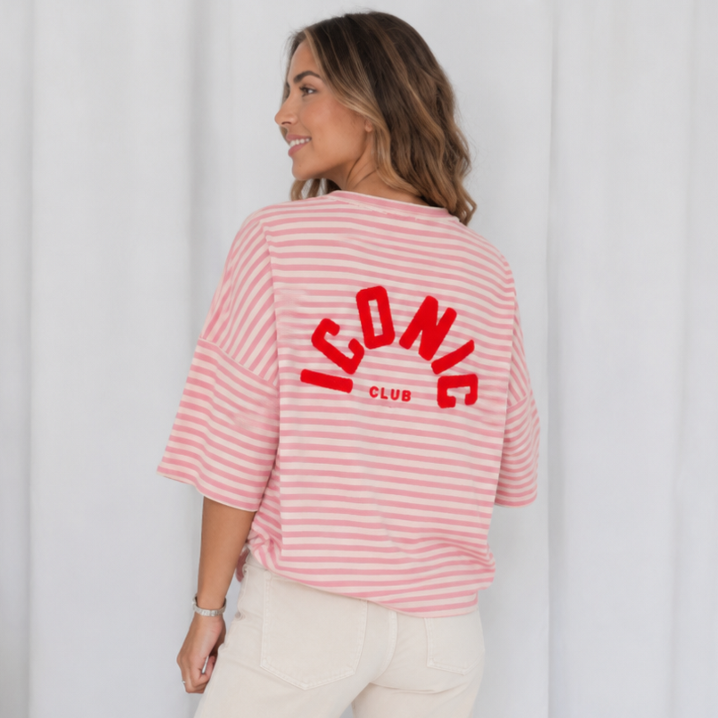 Iconic Club Pink & Cream Stripe Oversized Cotton T-Shirt